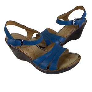 Born Womens 10 Sandals Espadrilles Wedge Blue Leather Strappy CHIC!